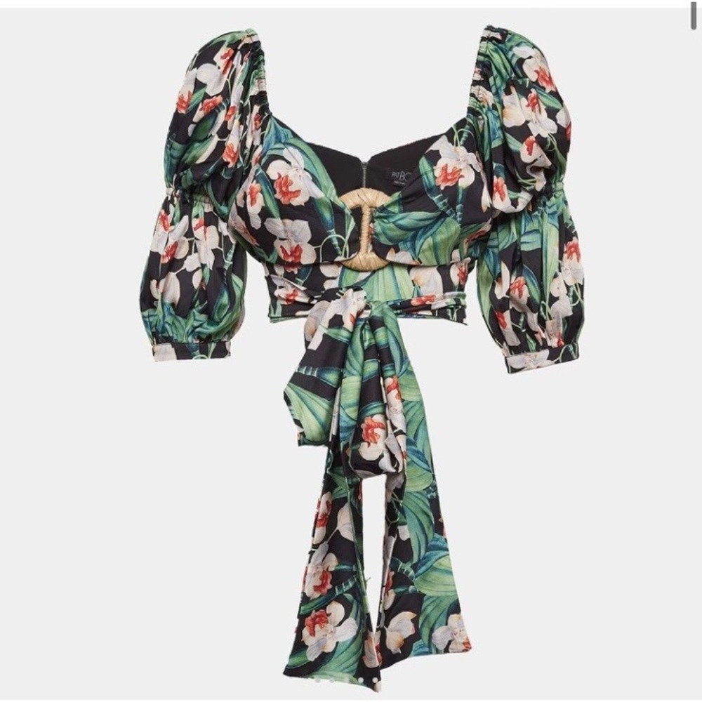 PatBo Tropical Green Floral Print Satin Tie Up Top US 4 Vacation Botanical